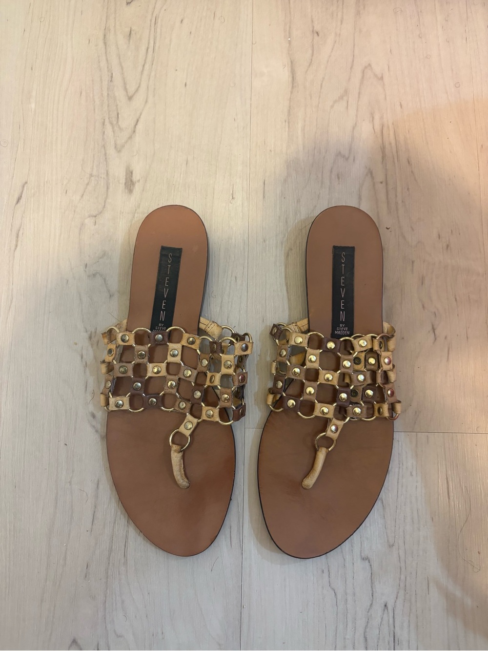 Steven By Steve Madden Gold and Tan Studded Toe-Post Sandals